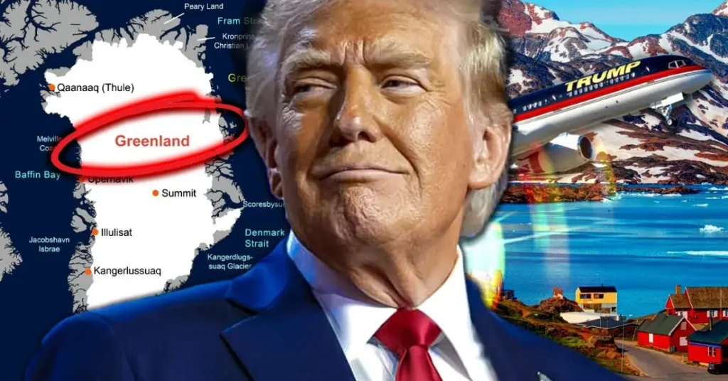 Visual representation of Greenland’s strategic position amid US political and military influence in the Arctic.